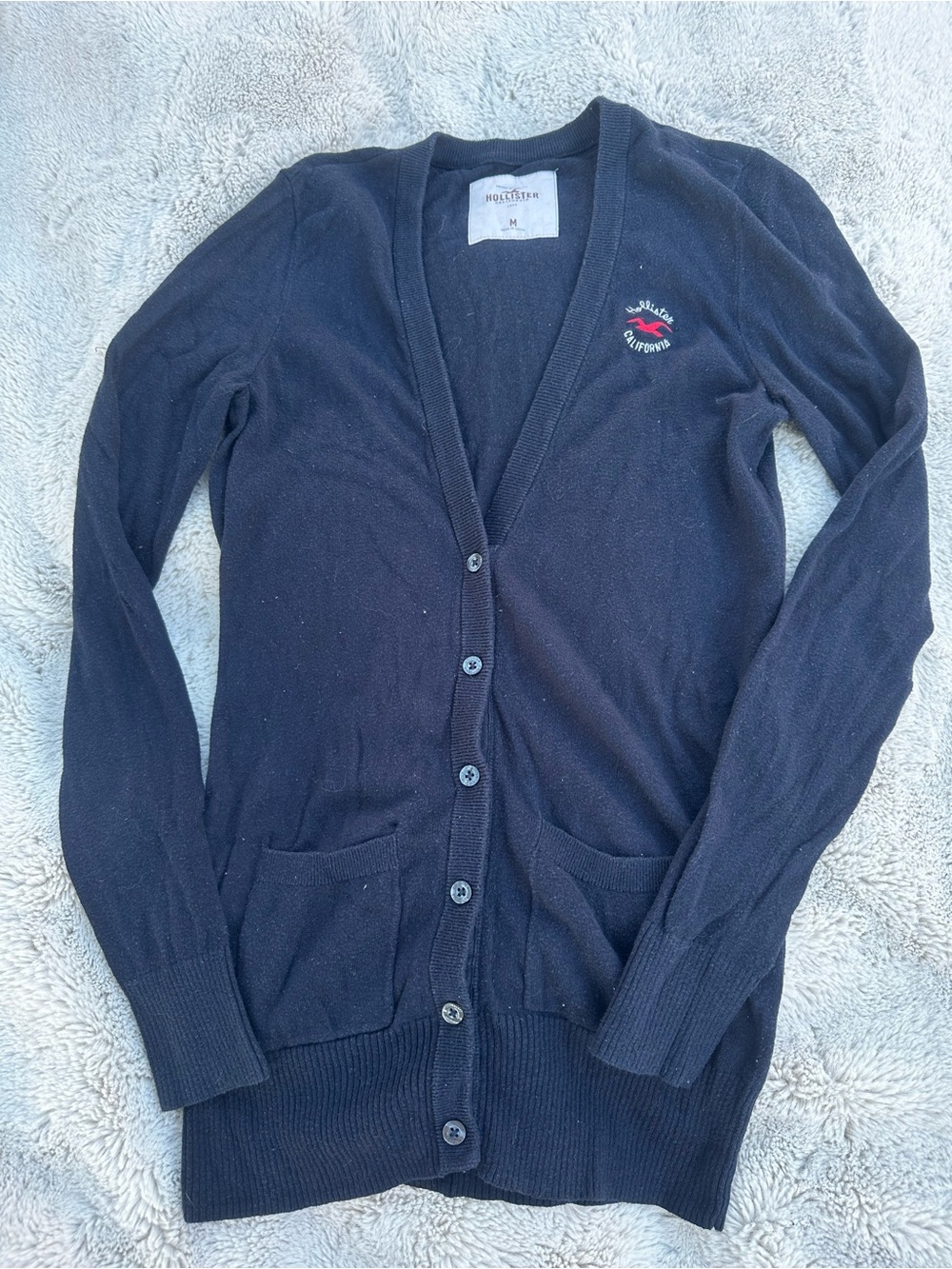 Hollister Navy Button Front Cardigan with Embroidered Logo